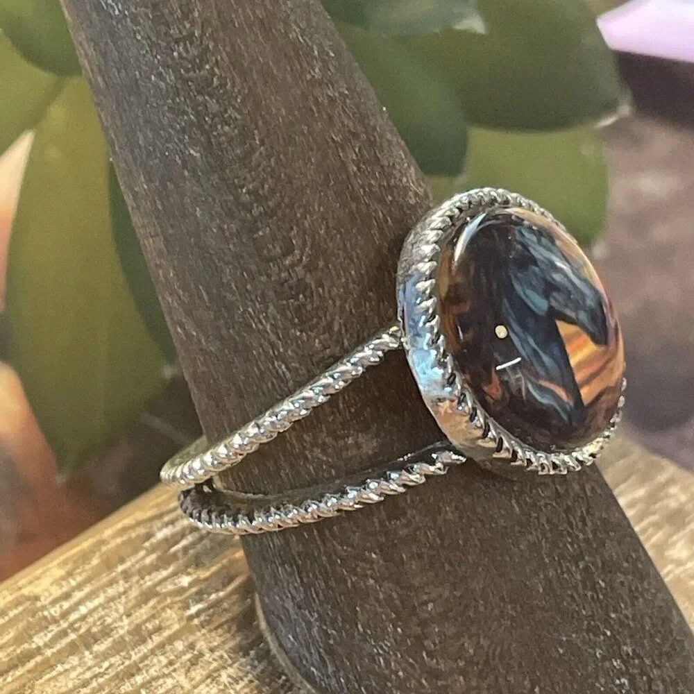 Stained Glass Horse Silver-Tone Ring in Blue and Brown